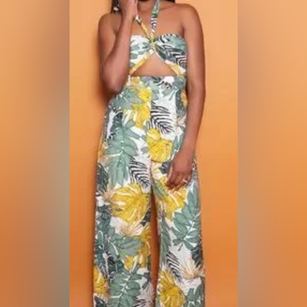 NWT THE SANG Tropical Leaf Print Strapless option Jumpsuit size M - Picture 3 of 4